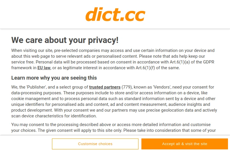 Screenshot of dict.cc’s consent banner
